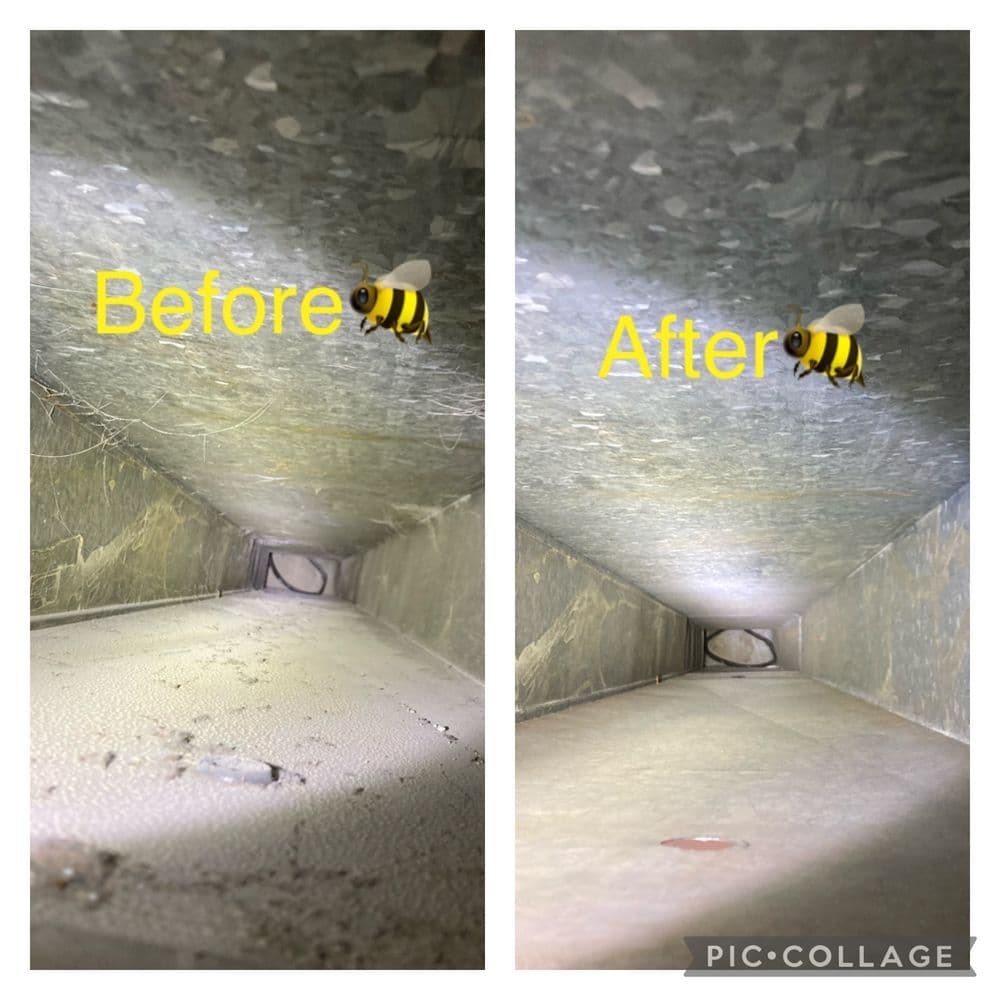 Duct cleaning before and after comparison showing significant dirt removal and improvement.
