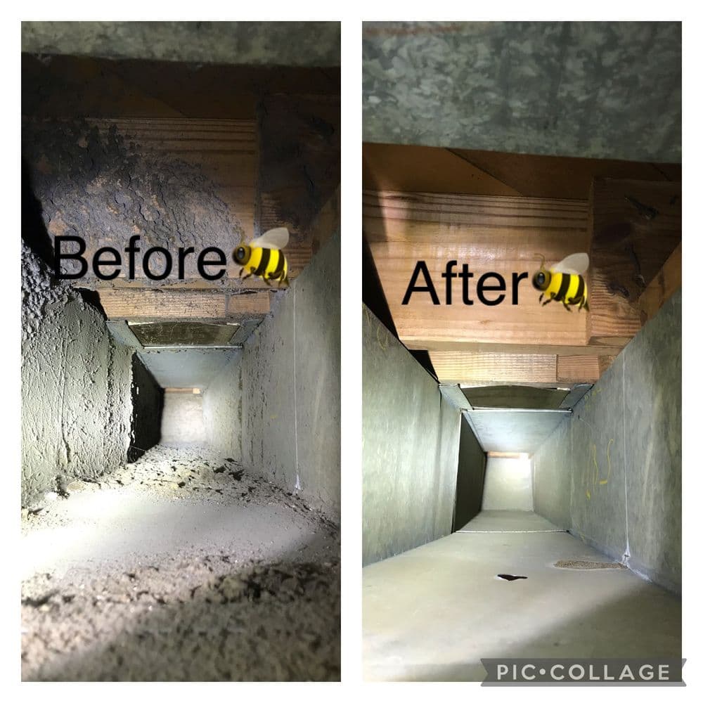 Before and after duct cleaning showing significant dirt removal and improved airflow.