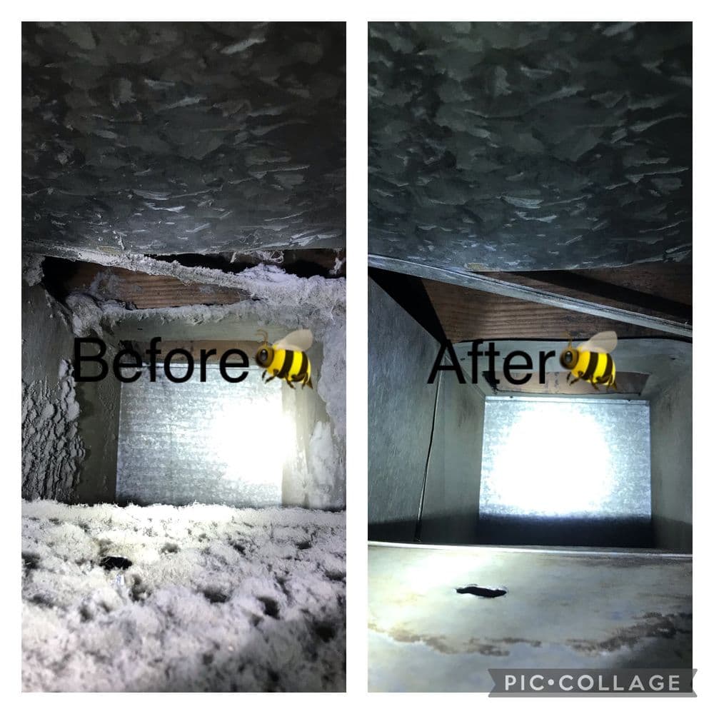 Before and after comparison of a cleaned air duct showing significant dirt removal.