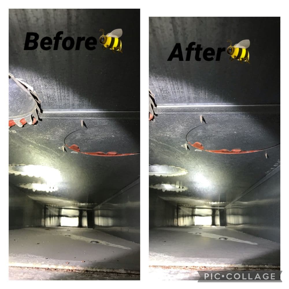 Before and after image showing a clean ventilation duct, highlighting improved air quality.