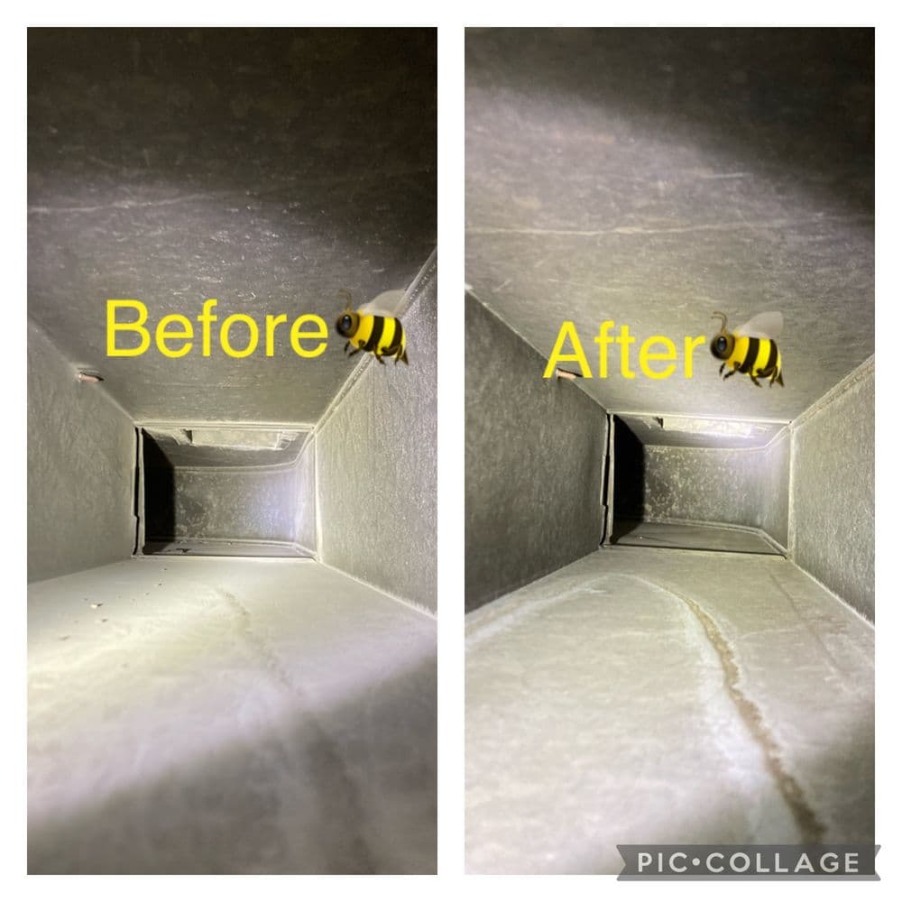 Before and after deep cleaning of a ventilation duct, showing significant cleanliness improvement.