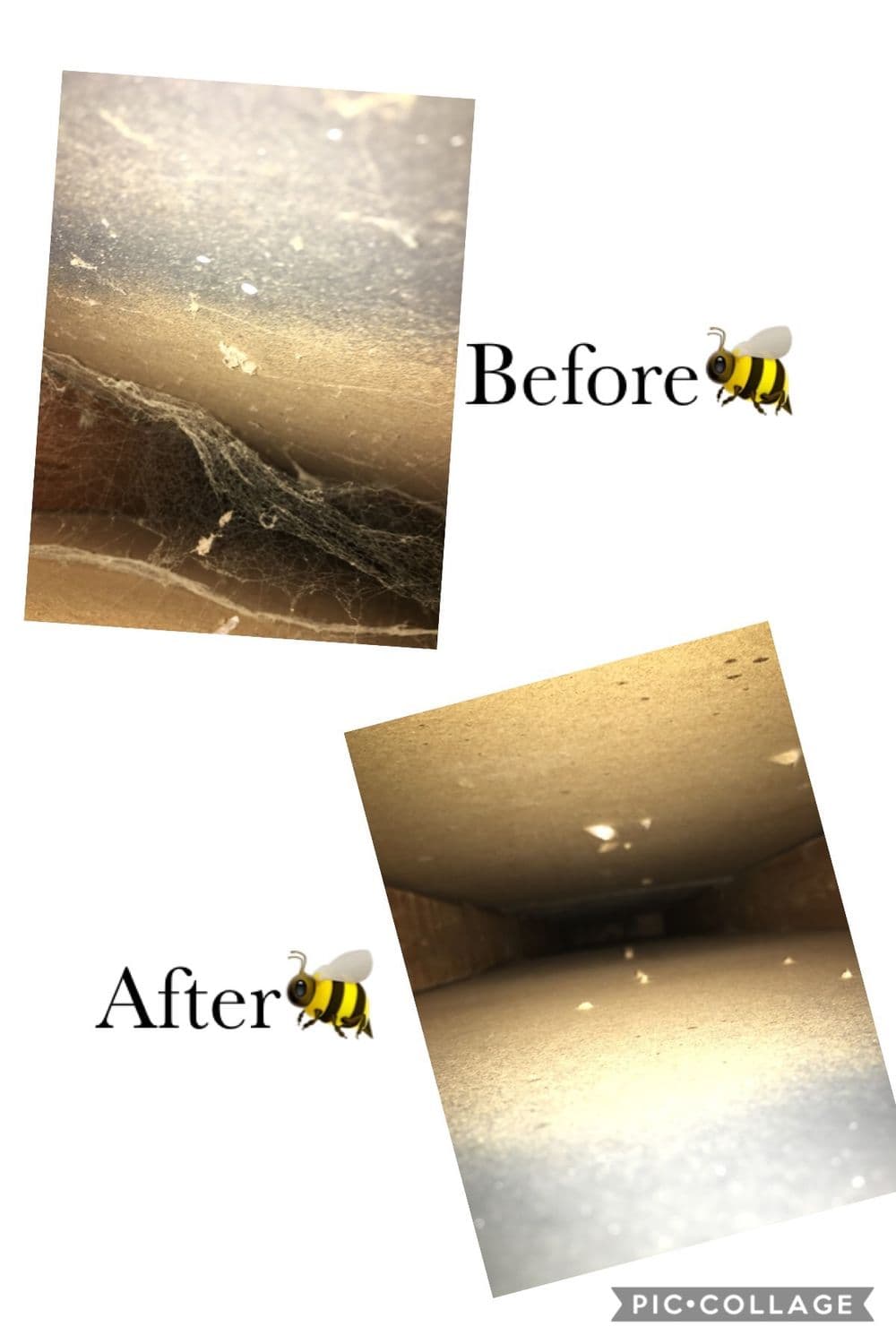 Before and after images of a dirty corner showing dust and cobwebs cleaned up.