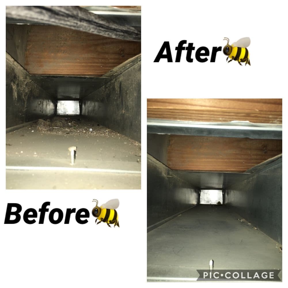 Duct cleaning before and after: dusty vent transformed to a clean, clear passageway.