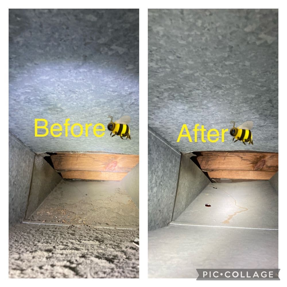 Before and after photos of a cleaned air duct showing improved cleanliness and visibility.
