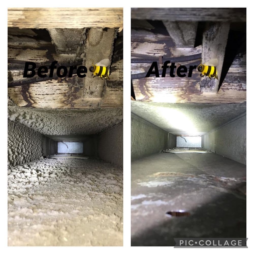 Before and after images showing duct cleaning, highlighting improved cleanliness and visibility.