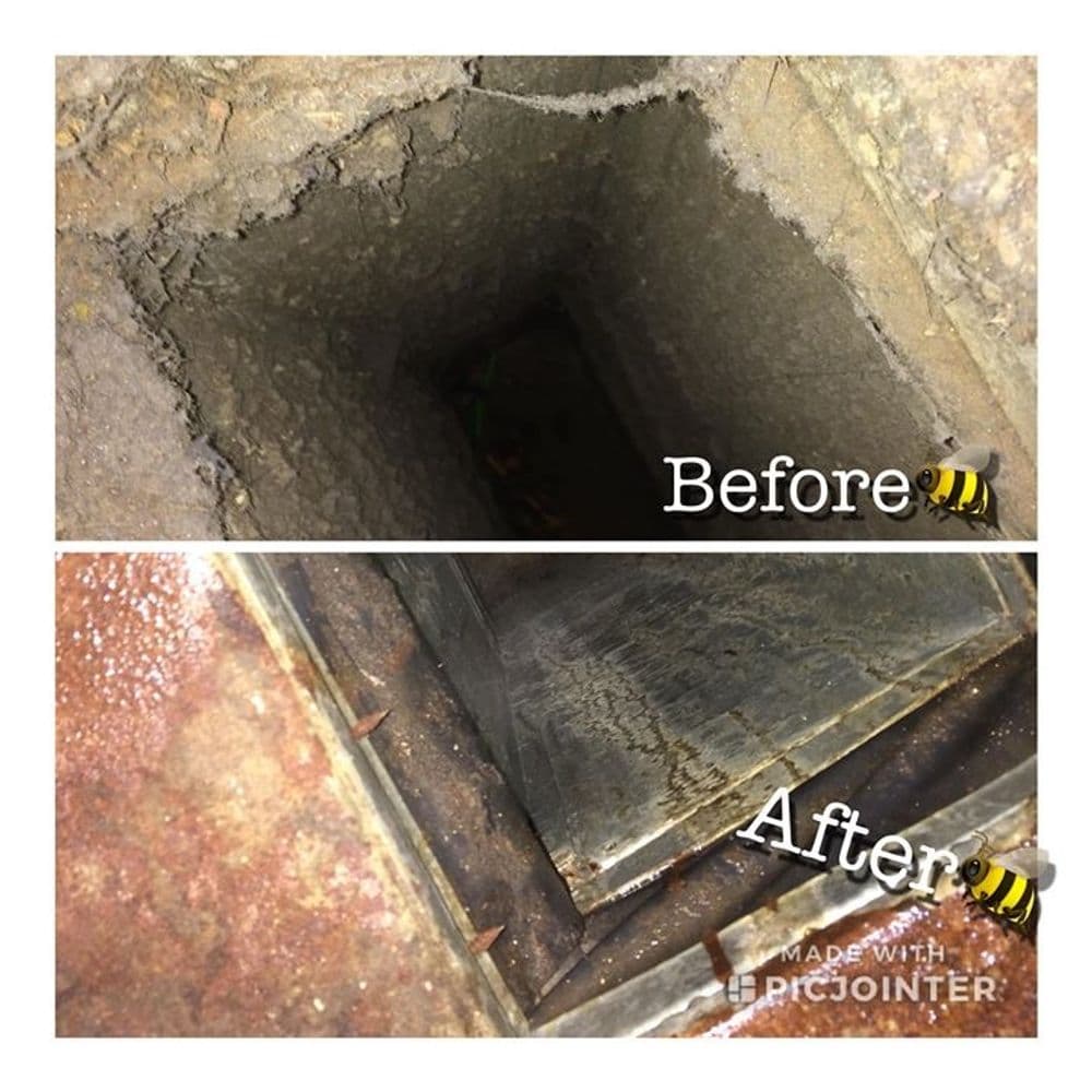 Before and after comparison of a cleaned drainage pit, highlighting improved condition.