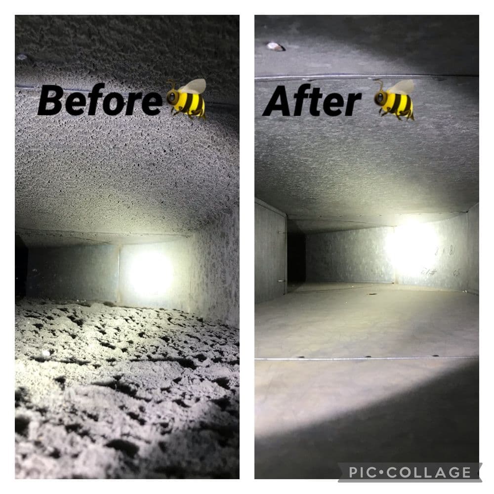 Duct cleaning results: before and after images showing improved cleanliness and lighting.