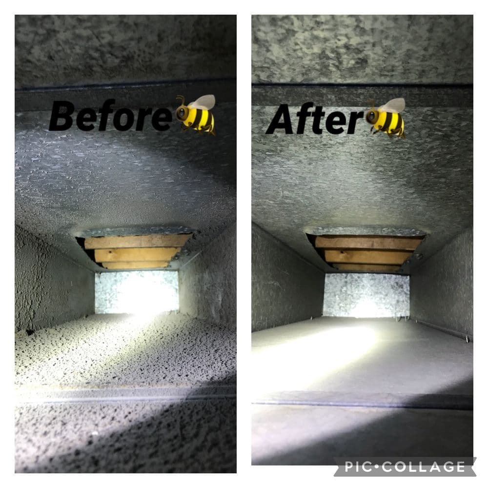 Comparison image of duct cleaning results, showing before and after views of the interior.