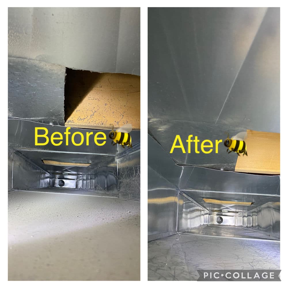 Before and after images of a metal duct repair showing a fixed hole and improved interior finish.