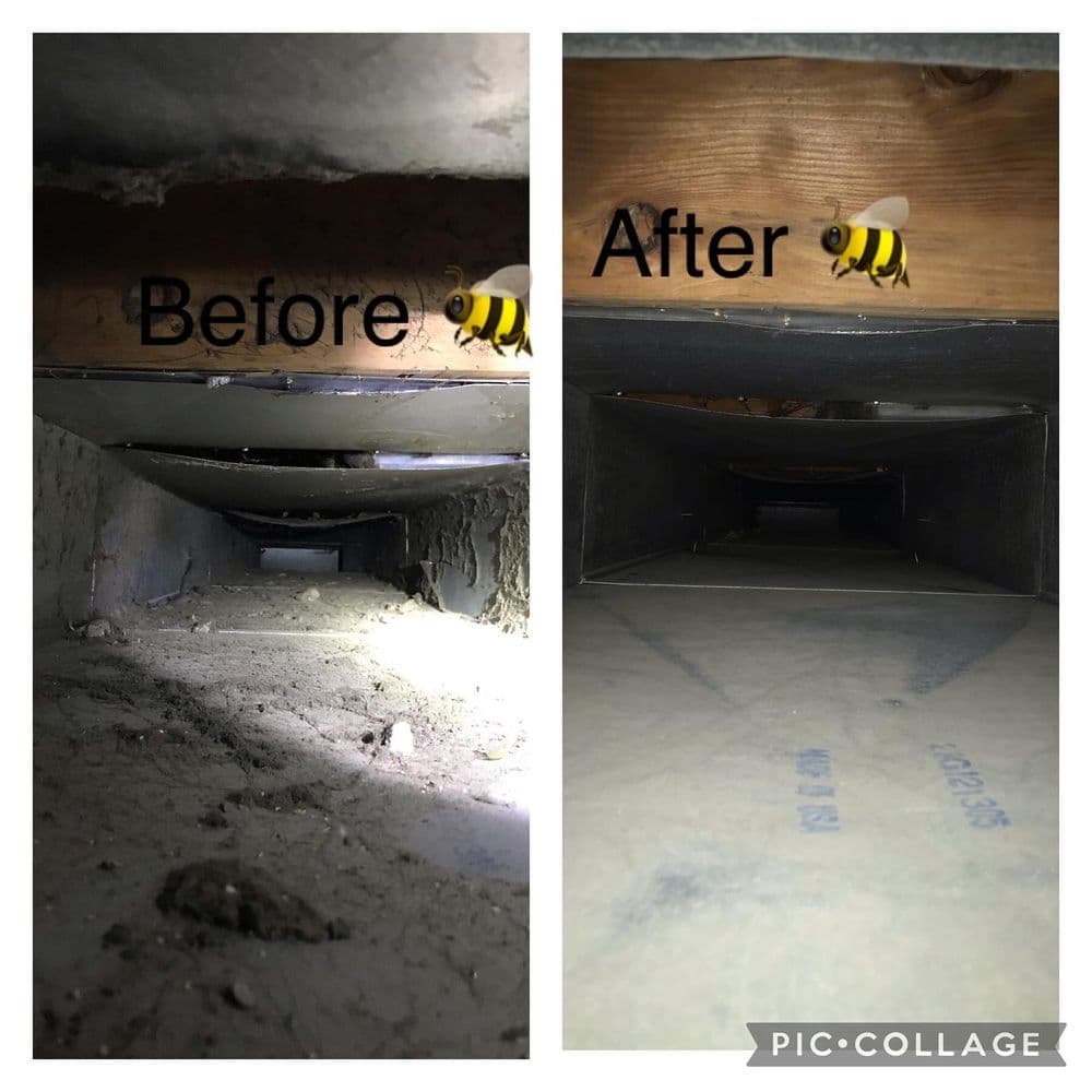 Duct cleaning before and after, showcasing significant improvement in cleanliness and visibility.