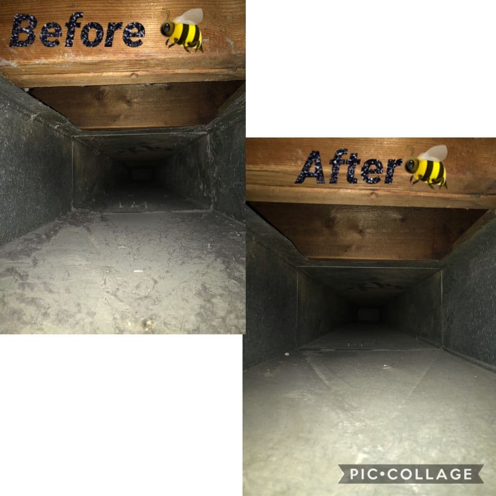 Before and after duct cleaning comparison showing dust accumulation and clean interior.