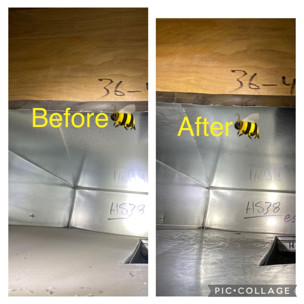 Before and after comparison of metal ductwork, highlighting cleaning results and details.