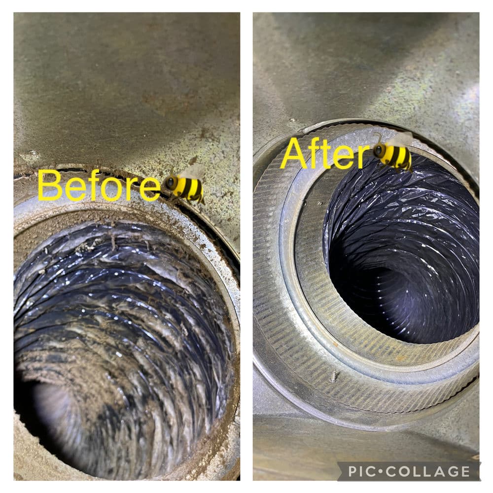 Before and after images of a cleaned metal pipe, showing removal of residue and improved flow.