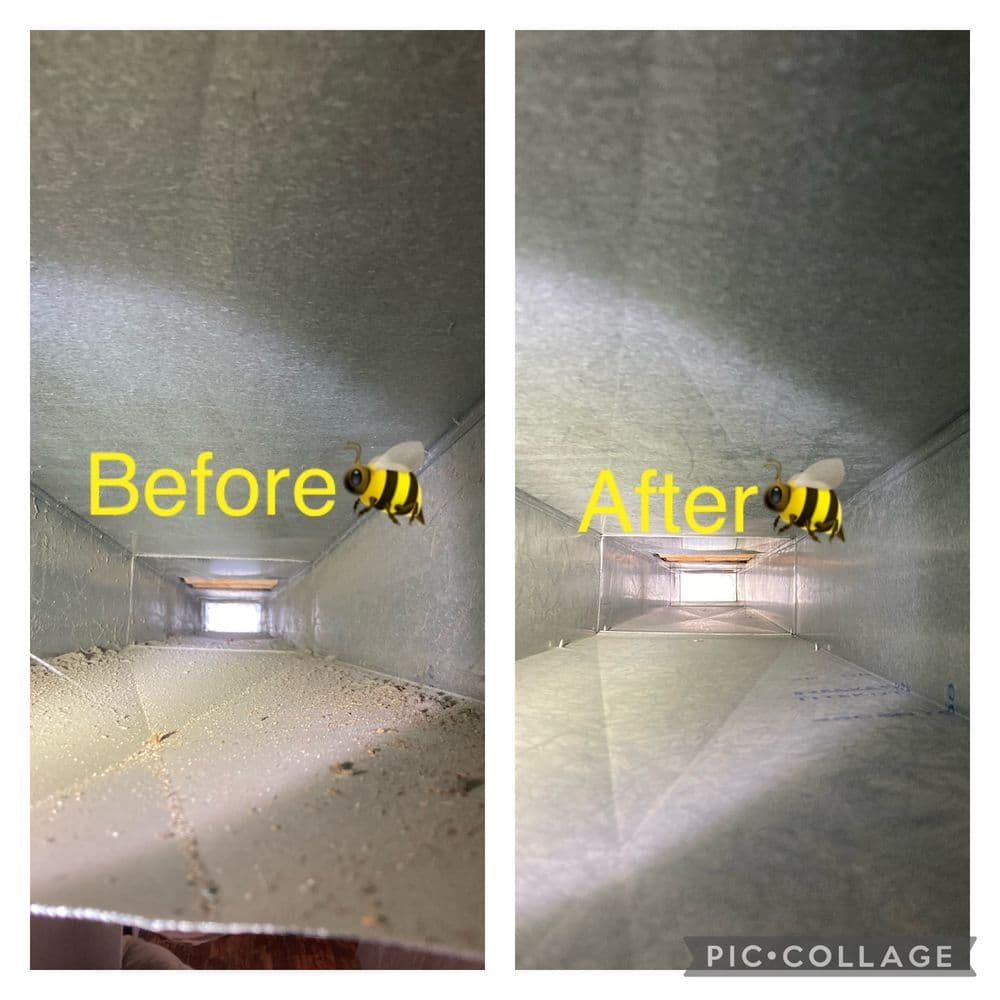 Before and after photos of a cleaned ventilation duct, showcasing significant debris removal.