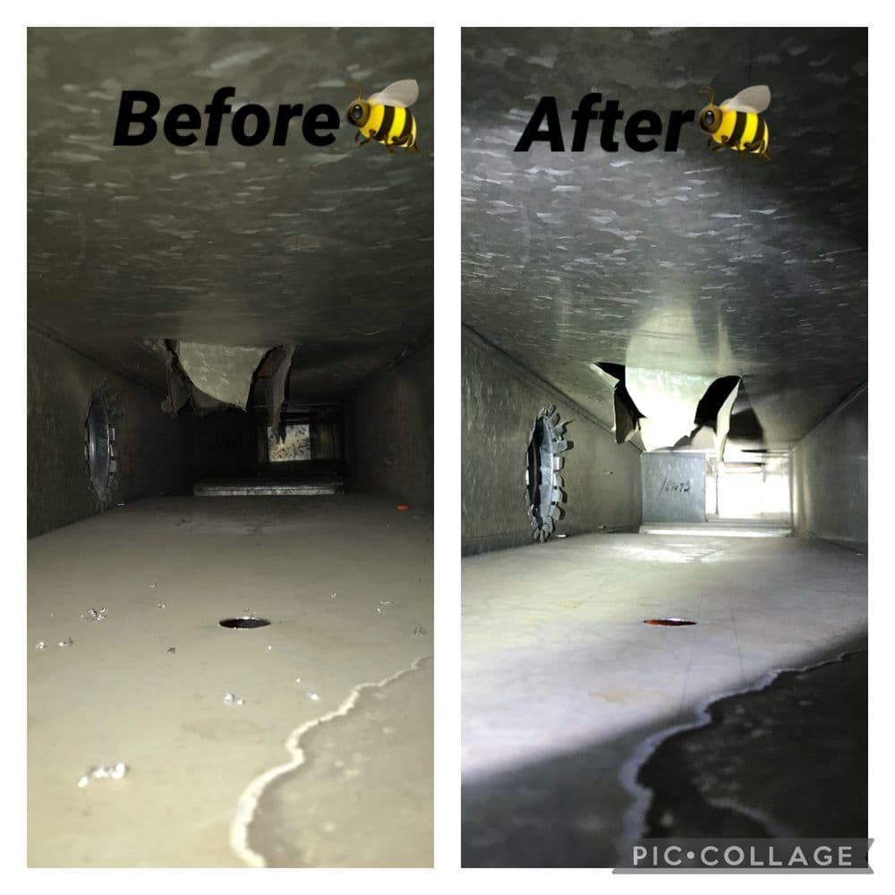 Before and after images of a duct cleaning showing improved cleanliness and airflow.