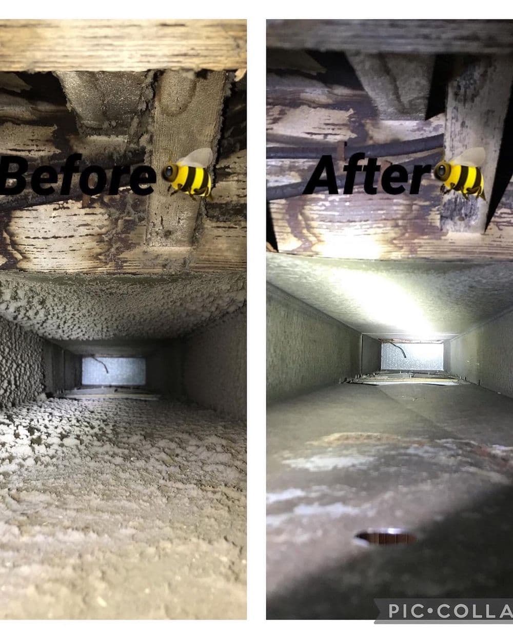 Before and after comparison of a cleaned out air duct, showing significant debris removal.