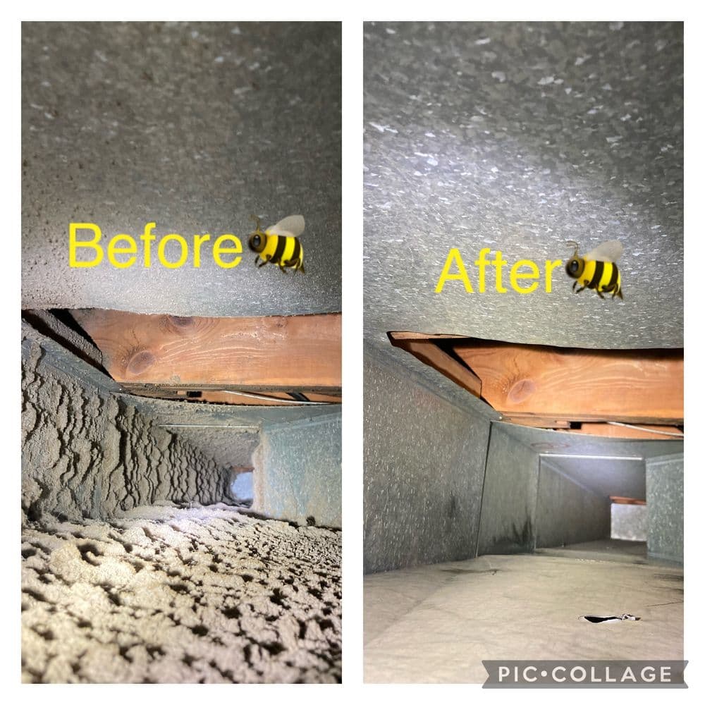 Before and after images showcasing a cleaned vent, highlighting significant dirt removal.
