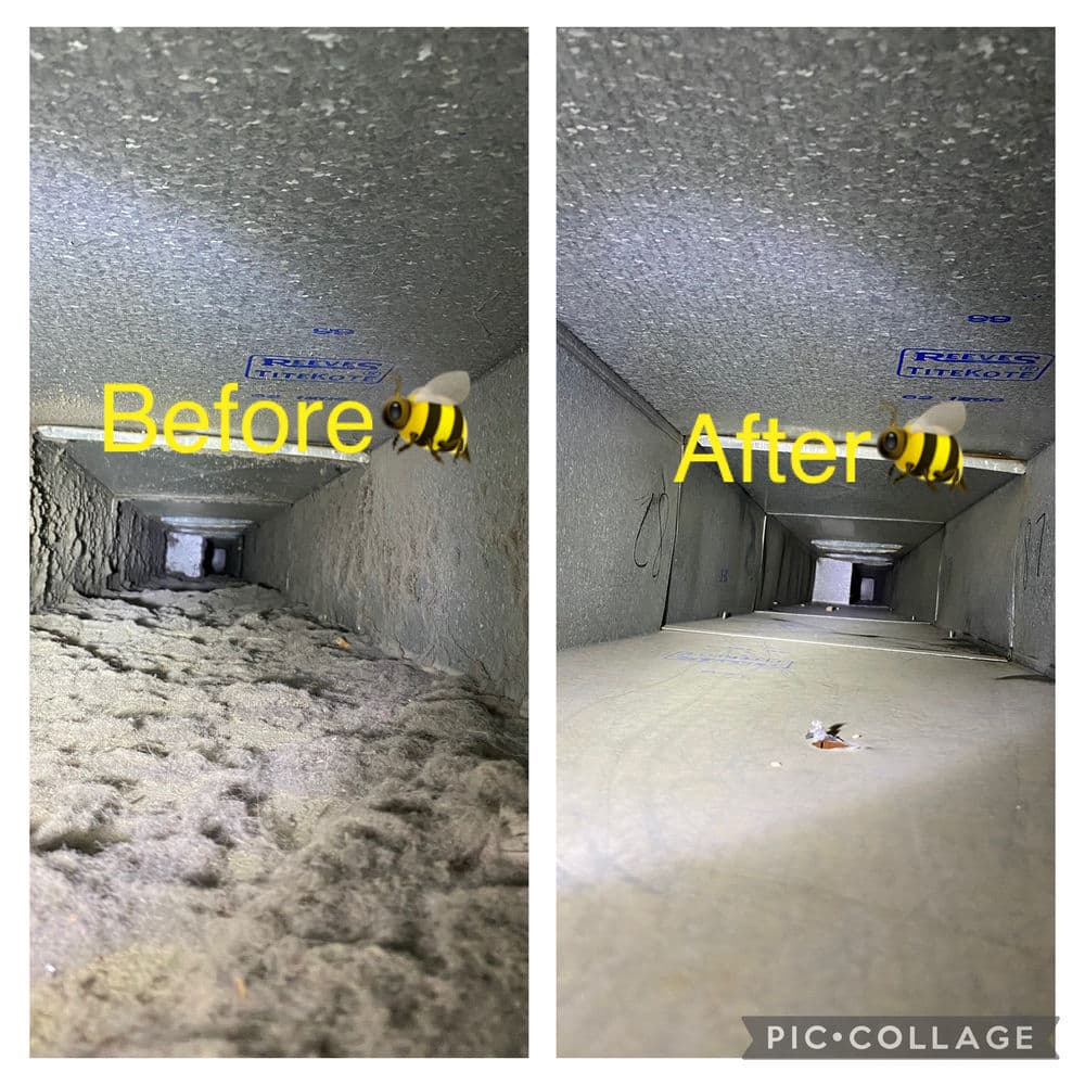 Before and after comparison of a clean air duct showing significant dust removal.