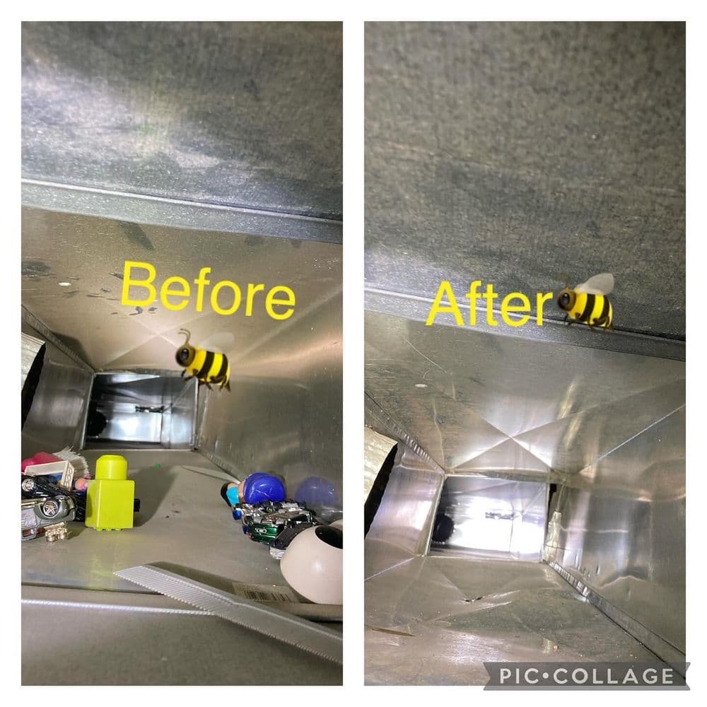 Duct cleaning before and after showing debris removal and improved airflow visibility.
