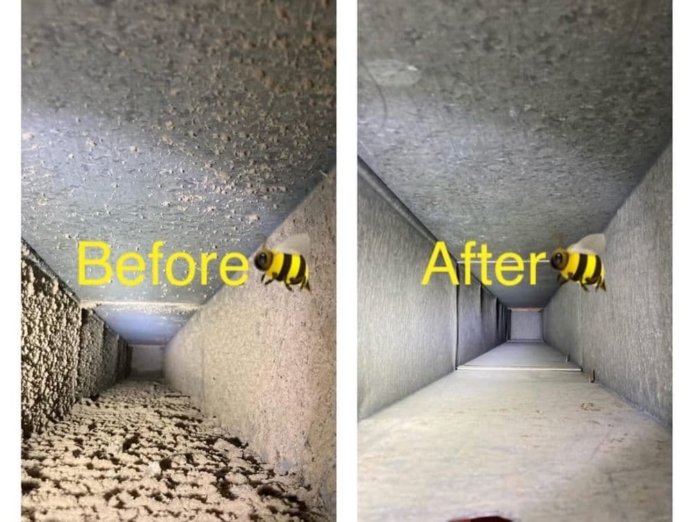 Before and after comparison of clean ductwork, showing significant dirt removal and improved airflow.