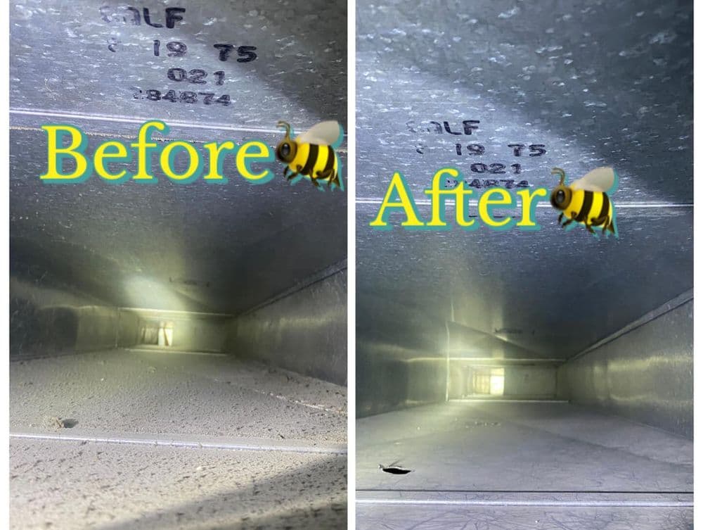 Before and after HVAC duct cleaning showing significant dirt removal and improved airflow.