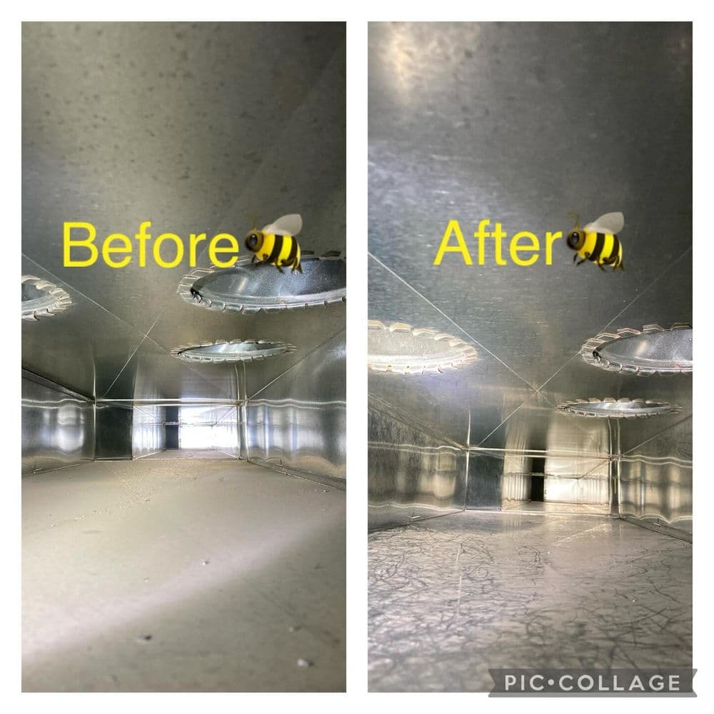 Before and after images of a clean metal duct showing improved interior surface clarity.