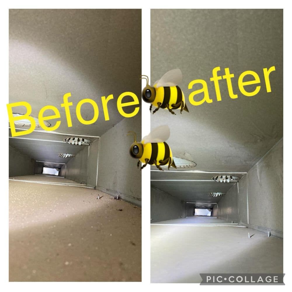 Before and after images of a cleaned air duct, showcasing improved cleanliness and airflow.