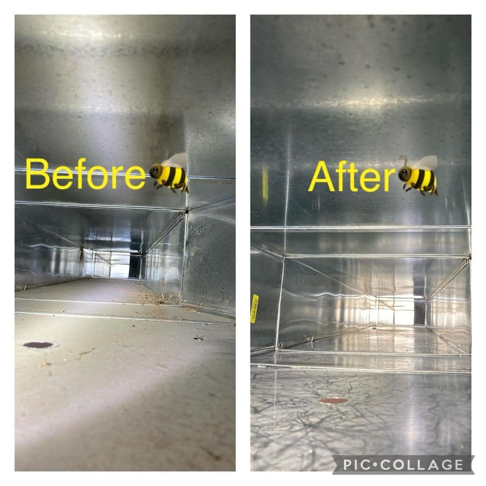 Before and after images of a cleaned duct, highlighting improved cleanliness and visibility.