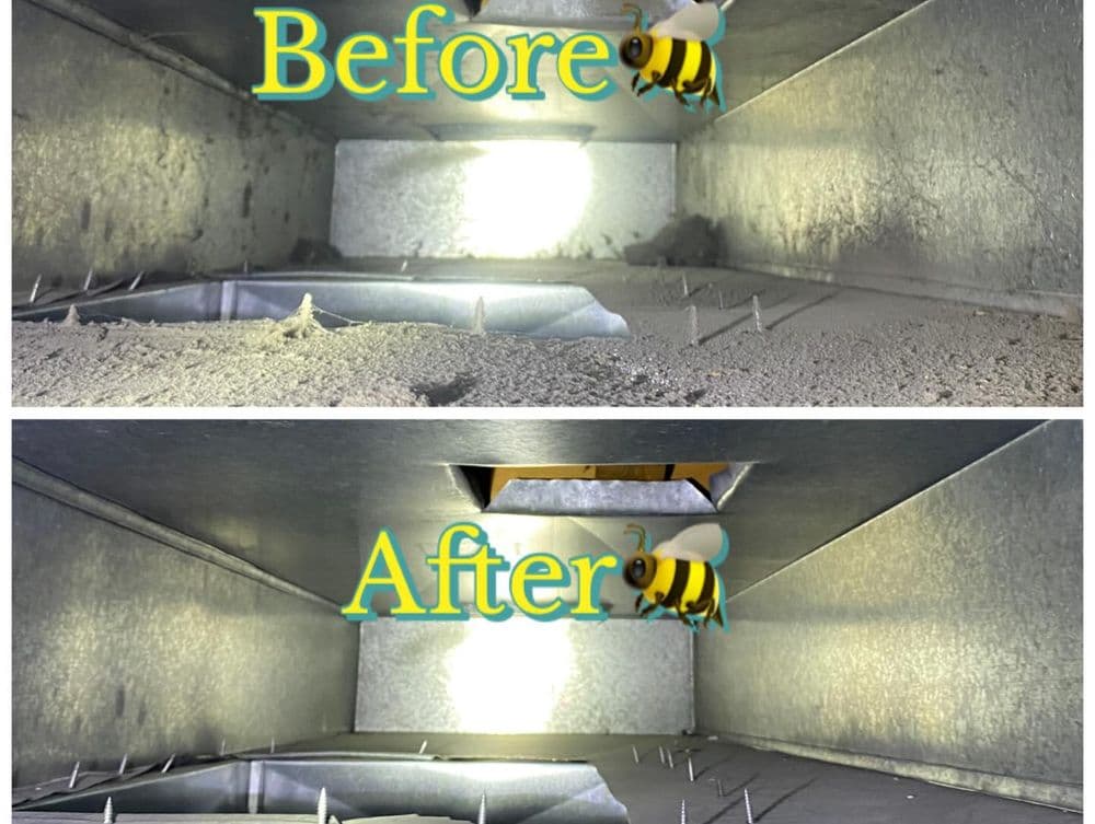 Before and after of a clean ventilation duct showing dust removal improvements.