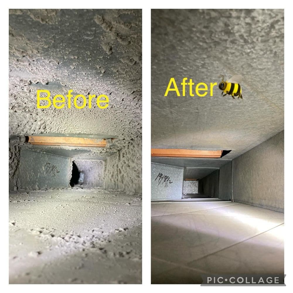 Duct cleaning results: before dusty, after clean with visible improvements.