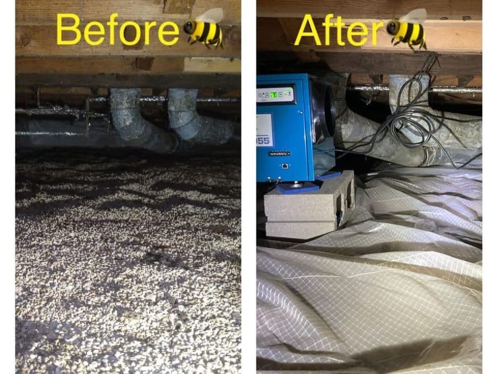 Comparison of basement transformation: before with debris and after, clean with moisture control system.