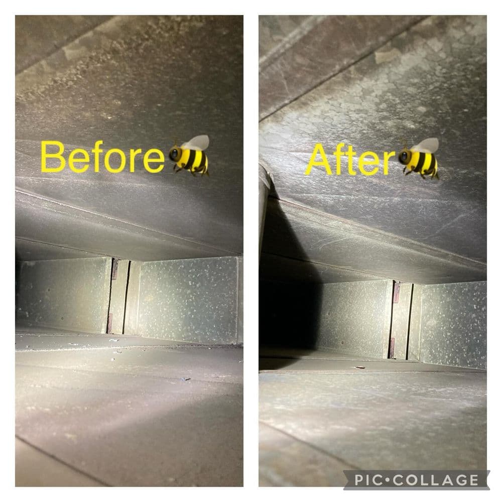 Before and after images of a duct showing cleanliness improvement and debris removal.